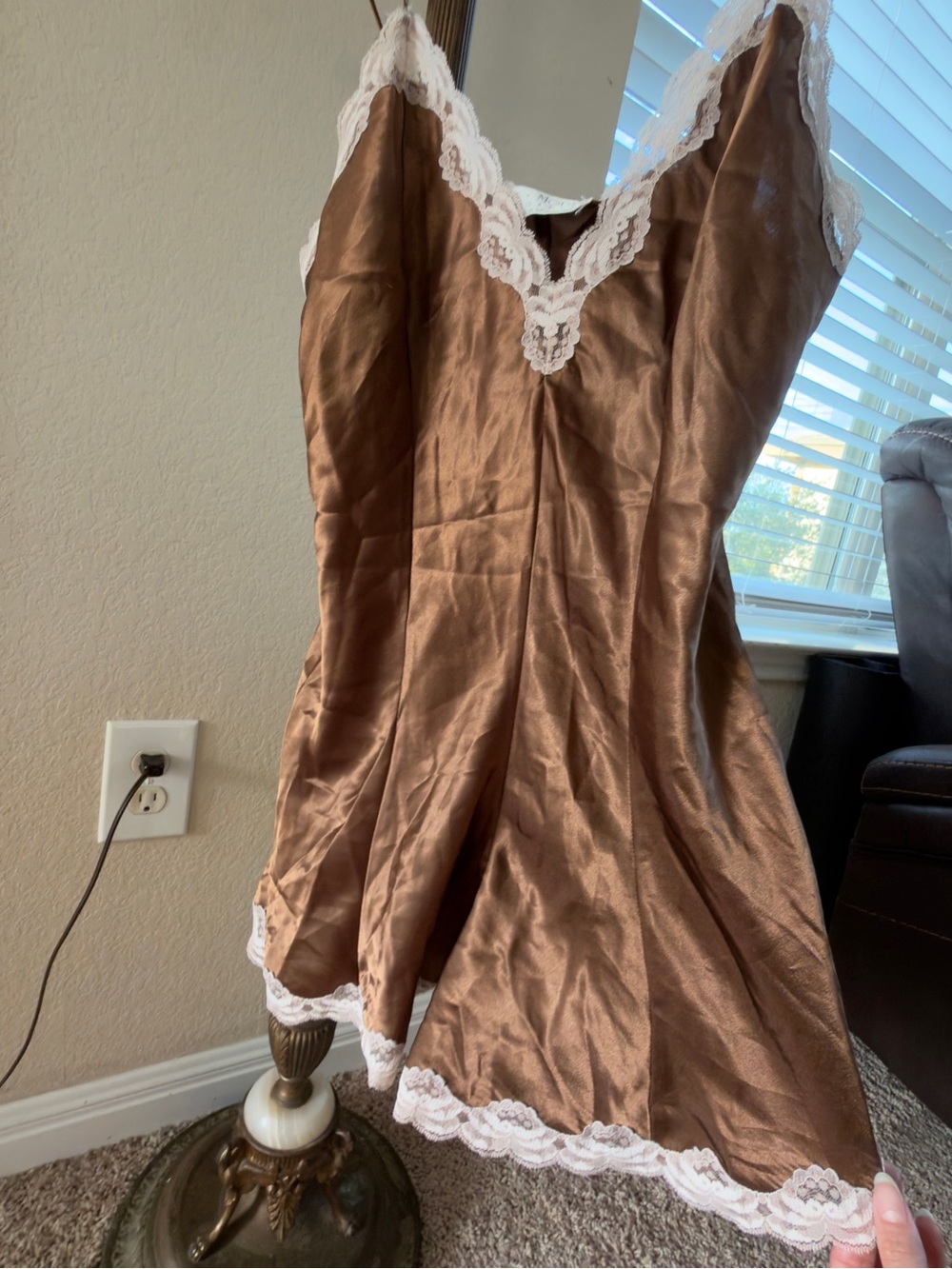 90's Brown Satin Lace-Trim Slip Romper - Val Mode